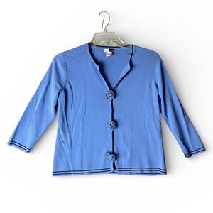 Dane Lewis Womens Blue Rosette Button V-Neck Cardigan Sweater 3/4 Sleeve Size M